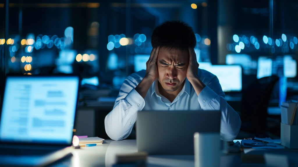 man at his desk wearing a blue shirt, Laptop on the table looking stressed over a spreadsheet needing business database development