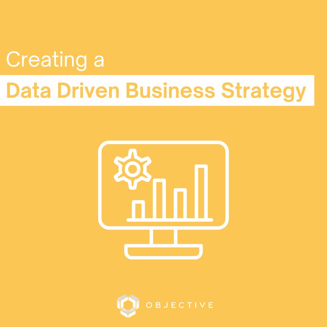 Yellow panel showing a white outline computer with a graph. Text above reading Data Driven Business Strategy