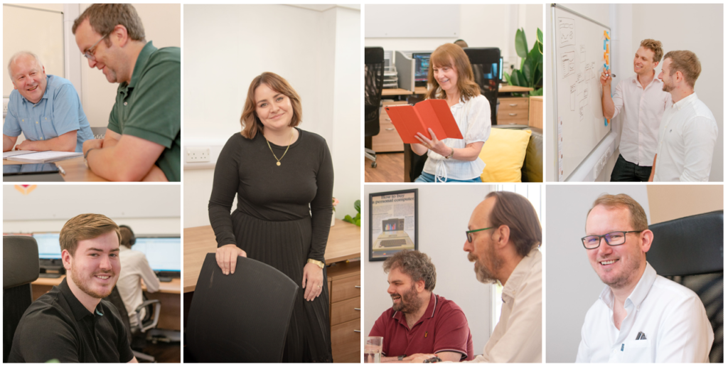 A selection of staff images, doing various activities about the office