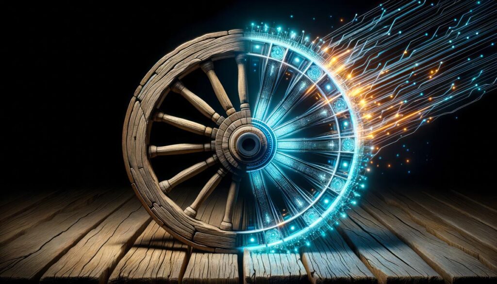 old wooden cart wheel transforming into a modern digital wheel to show digital transformation