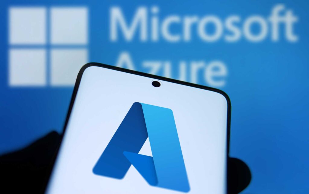 Microsoft Azure logo on a Mobile phone Web App with a blue background