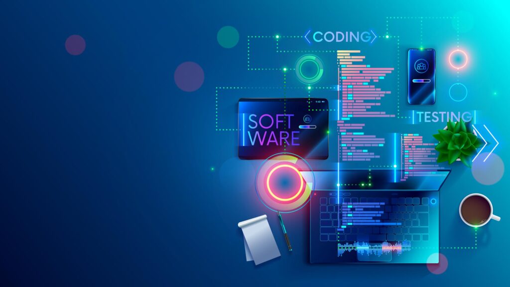 graphics depicting data warehousing. Blue panel with a laptop, tablet, notepad and text saying 'coding'