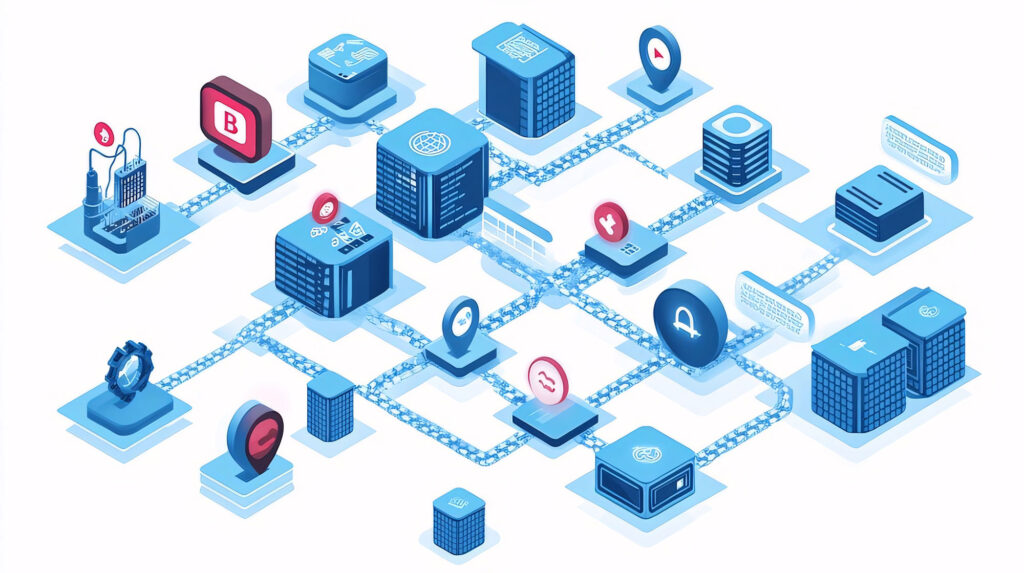 diagram showing blue icons to represent a complex workflow