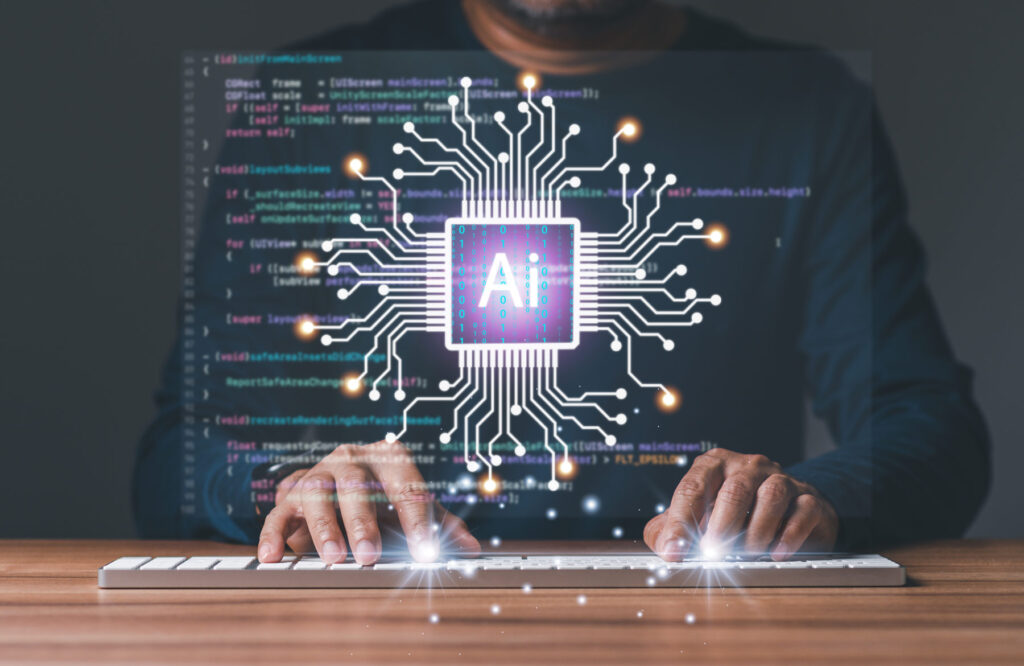 keyboard on a desk with a male typing. AI text overlaid with data coming from the text of a Low code AI builder and developer