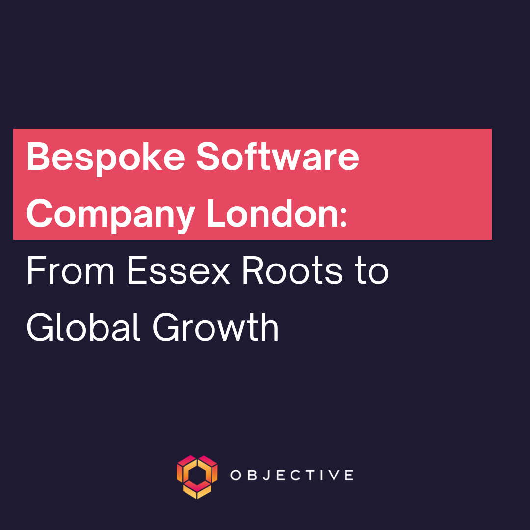 Navy box with pink text box and white text reading 'Bspoke Software Company London: From Essex Roots to Global Growth