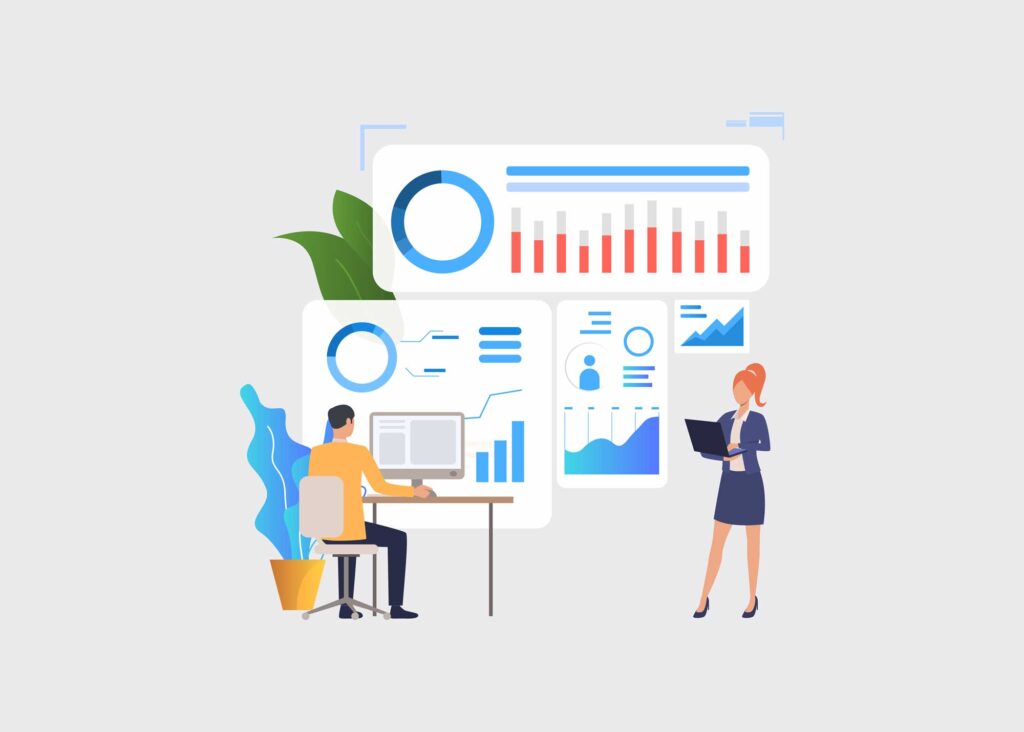 person at a desk and standing with a laptop illustration showing screens of data modelling