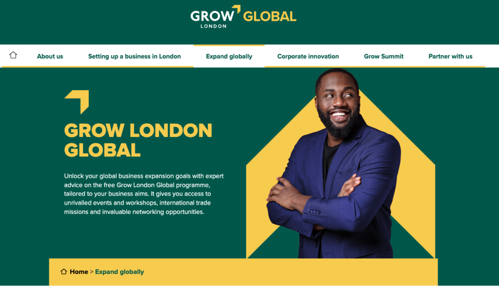 Growth London website homepage. Green background, Yellow text and a man crossing his arms